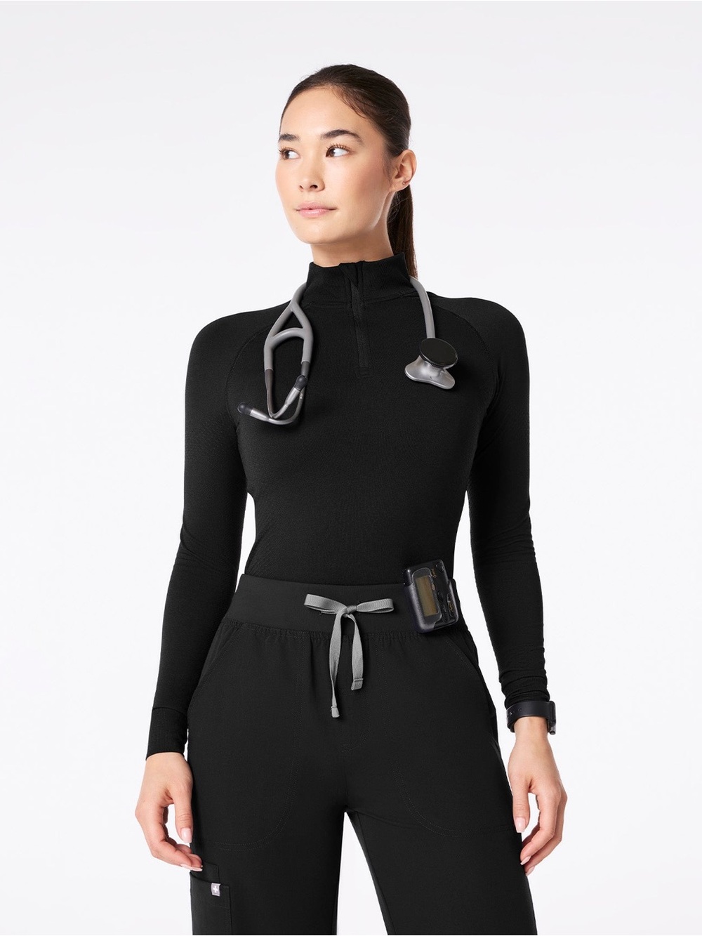 FIGS scrubs black Salta Seamless 1/4 zip top